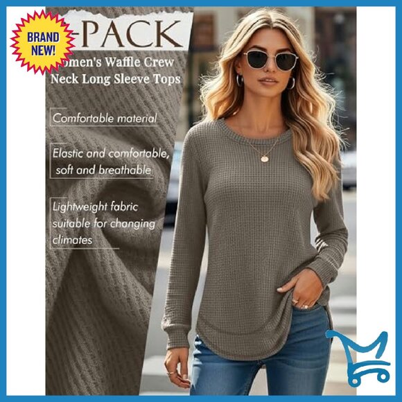 3 Pack Waffle Knit Sweatshirts Crew Neck Long Sleeve Loose Fit Pullover - Picture 3 of 7